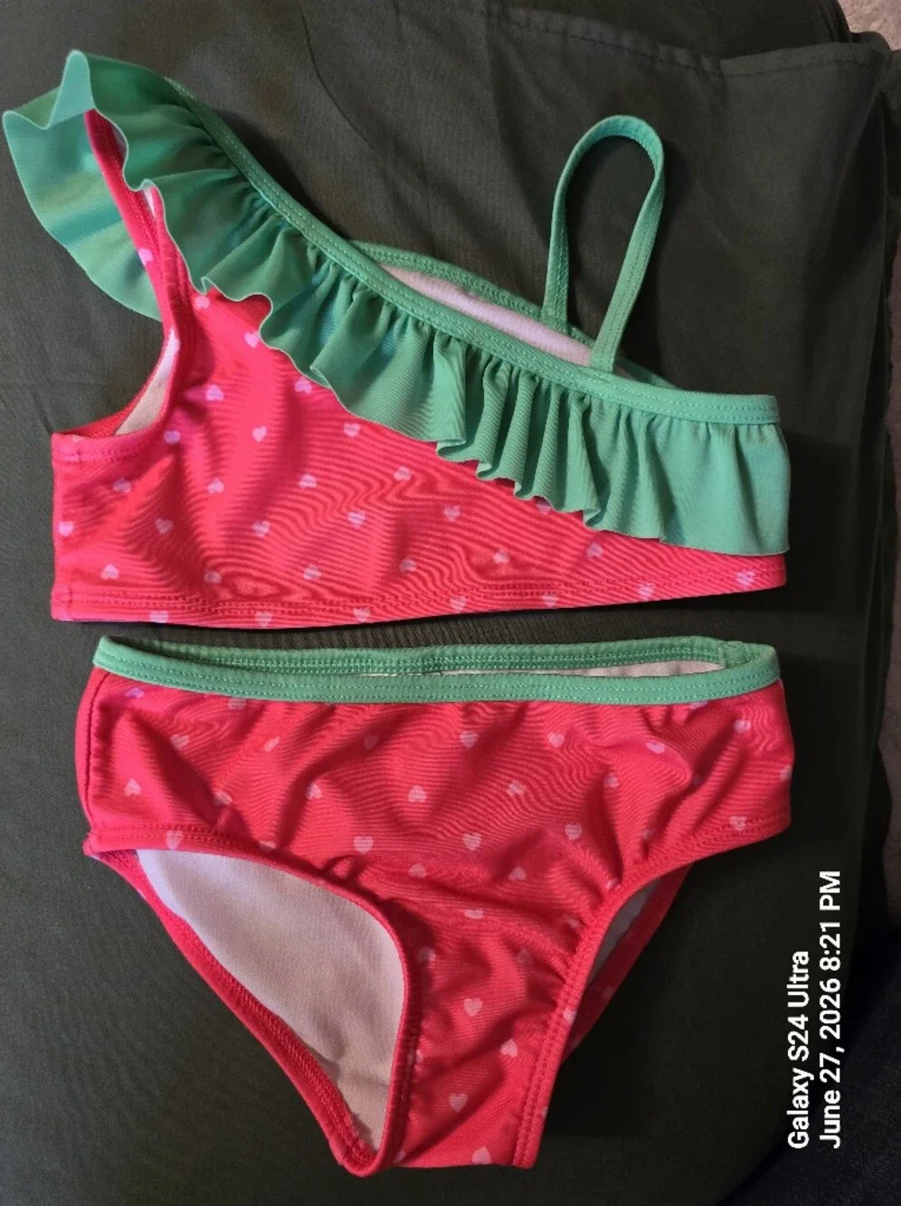 Cat & Jack Girls 2-Piece Bikini Swimsuit Pink Hearts Green Ruffle Size 4T NWOT